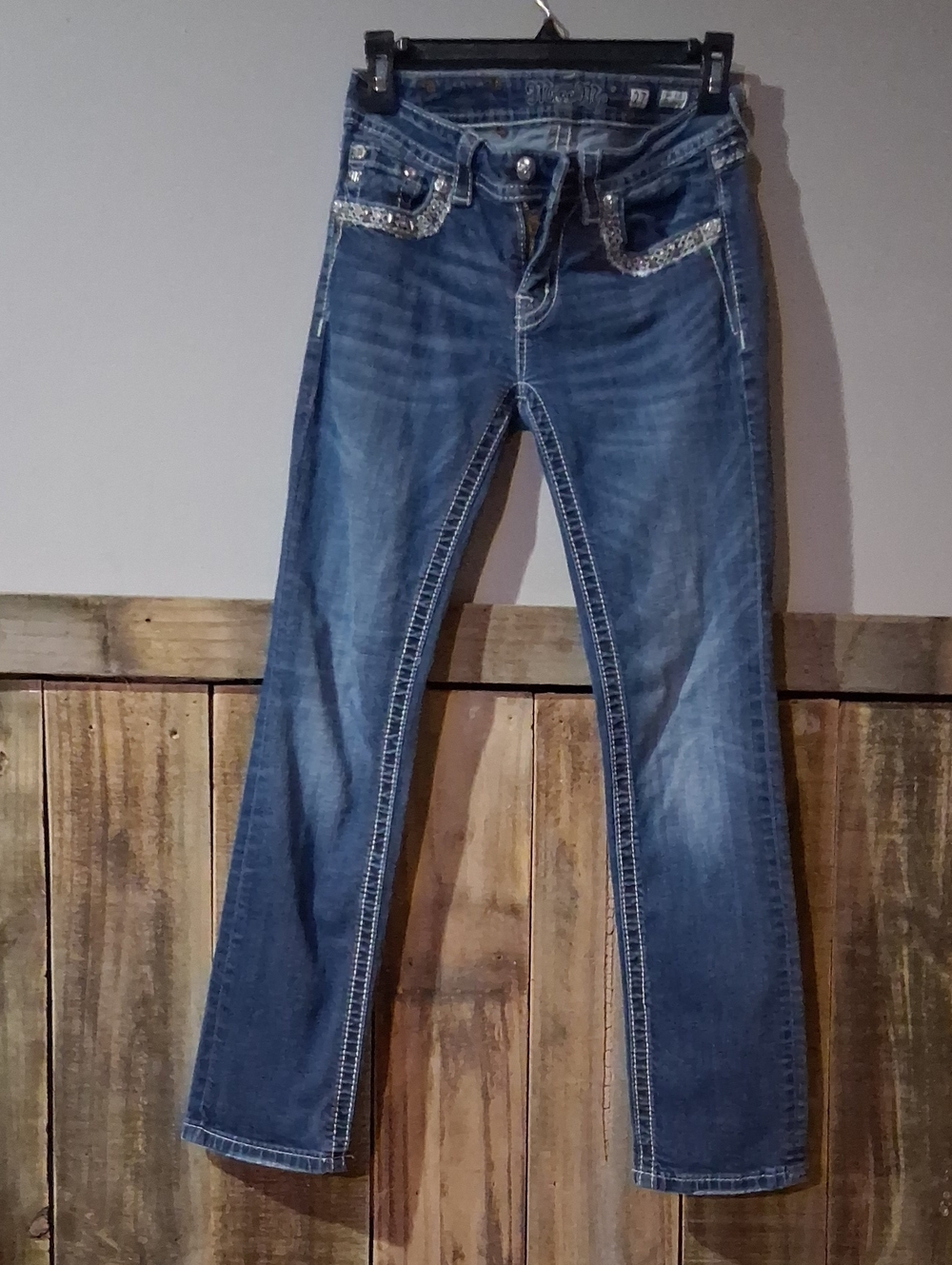 Miss Me Blue Cropped Straight-Leg Jeans with Embellished Pockets